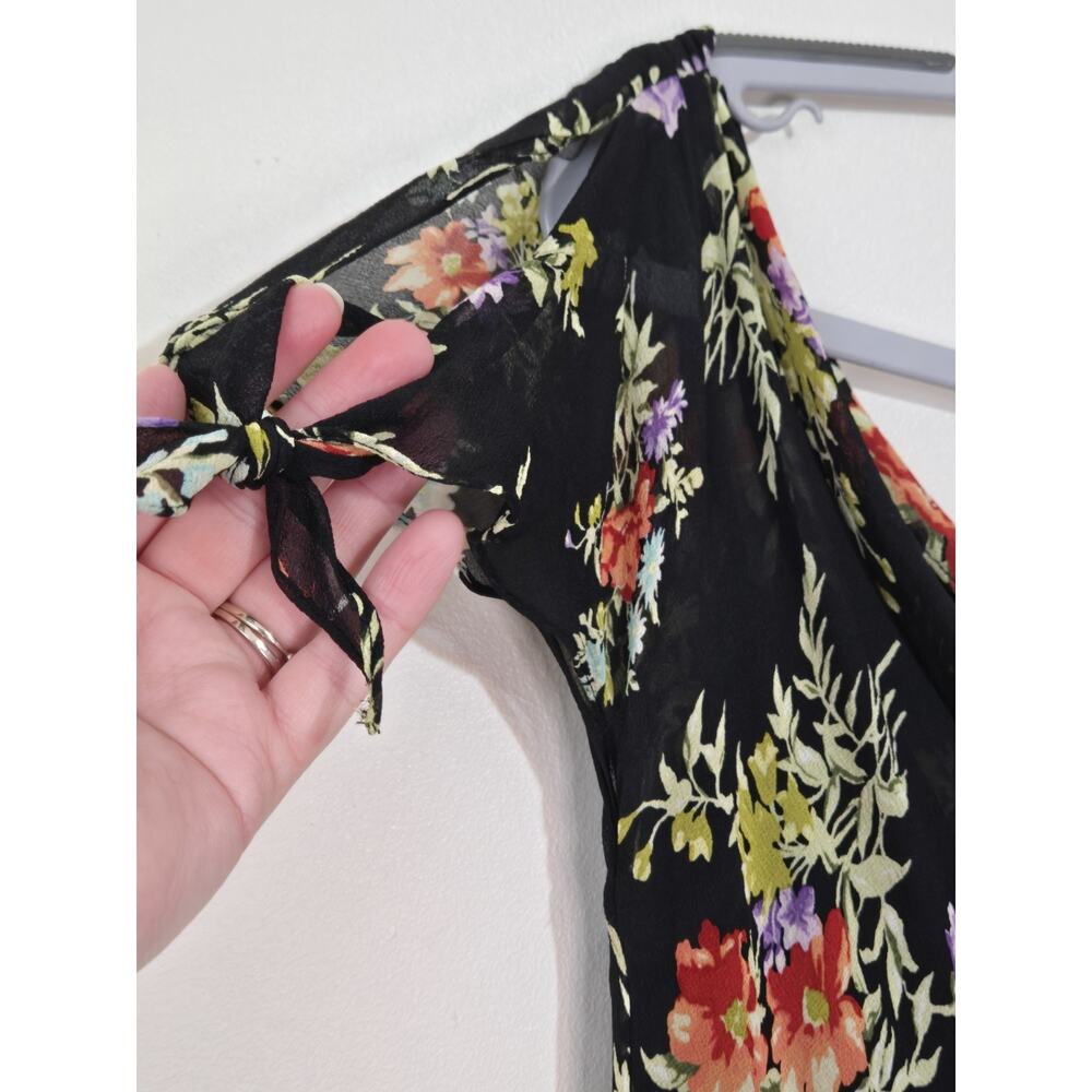 VINTAGE Y2K JONES NEW YORK Dark Floral Tie Cap Sleeve Chiffon Midi Dress Size 4 - Picture 6 of 9
